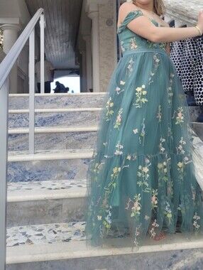 Off-Shoulder Floral Tulle Dress in Teal Green